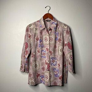 Vintage Pink and purple floral print 3/4 sleeve button up shirt size medium